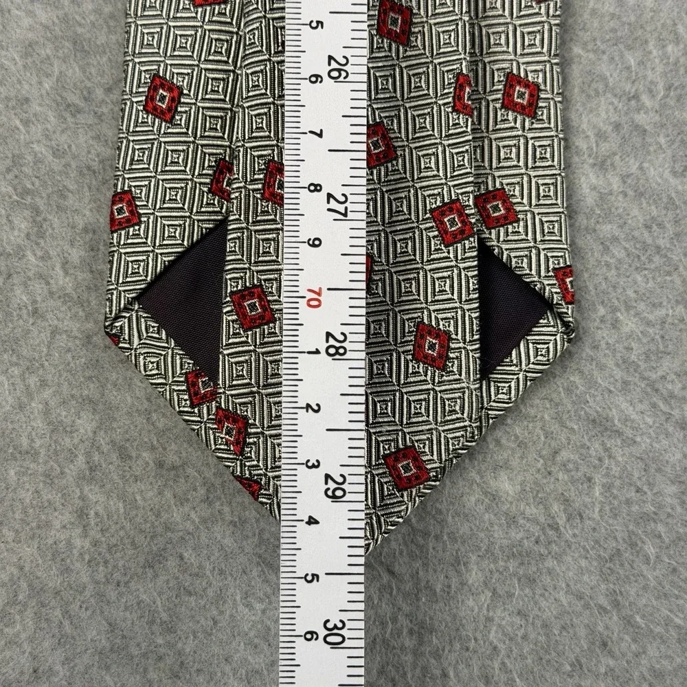 Vintage Garrick Anderson Silk Tie Gray Red Geometric USA Handmade 90s 58x3.75
